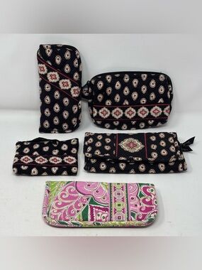 Vera Bradley Lot Quilted Pouch Set in Black Paisley Pink Pinwheel